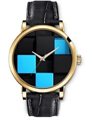 SPRAWL Aanalog Fashion Series Gold Ladies Watches of Genuine Black Leather Strap,Unique Wrist Watch for Women Girls Designed with Blue and black cubes