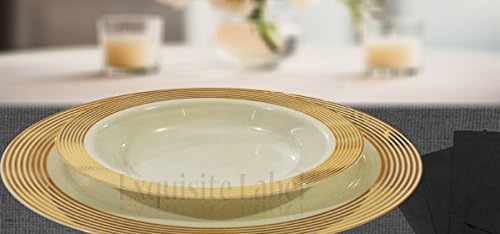 "Exquisite Label" Cream with Gold Heavyweight Plastic Elegant Disposable Plates, Wedding Party Elegant Dinnerware, Striped Collection (40, 12oz. Soup Bowls)