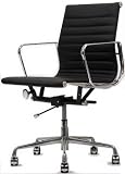 Ribbed Mid Back Office Chair in Genuine Black Leather - Ships in 24 Hours with Money Back Guarantee!