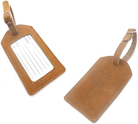 2 Pack New Gift Genuine Leather ID Tags Business Card Holder for Carry On Luggage, Baggage ID / Travel Identifier for DJ Equipment / Travel Bag / Flight Case / ID Name Suitcase Label / Sports Bag / Shipping Tags, Tan