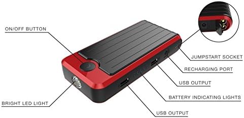 Roadacc (TM) 12000mAh T6 Red/Black Multi-Function Portable Car Jump Starter with Ultra-bright LED Flash Light for SOS Emergency Power Bank for Cellphone Tablet Laptop Digital Camera MP3 MP4 PSP NDSL GBASP