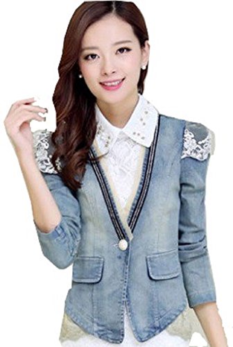 デニム 肩のレースがお洒落 Vネック 腰部分にもレース使い 七分丈の袖 ビンテージ風 キュート カジュアル ボタンが大きめ コート ジャケット ABC038