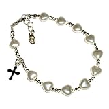 Sterling Silver Children's Rosary Bracelet for First Communion with White Pearl Hearts & Cross in Gift Box, 6-11 years (6 - 6.5 adjustable)