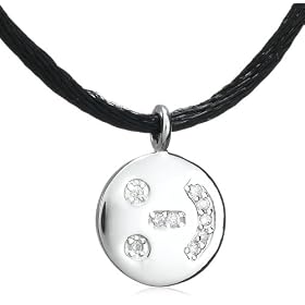 14k White Gold Diamond Smiley Emoticon Disk Necklace (.05 cttw), 17 by