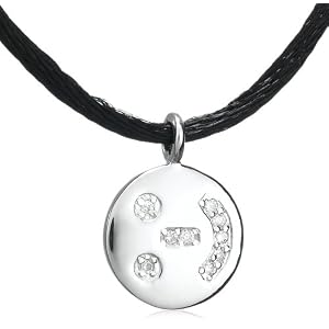 14k White Gold Diamond Smiley Emoticon Disk Necklace (.05 cttw), 17