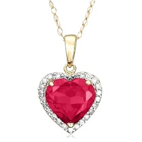 10k Yellow Gold, July Birthstone, Created-Ruby and Diamond Heart Pendant by Ruby Birthstones