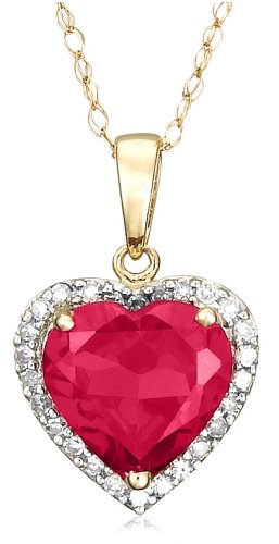 10k Yellow Gold, July Birthstone, Created-Ruby and Diamond Heart Pendant