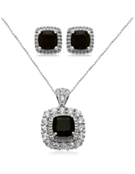 Sterling Silver Cushion Onyx with Created White Sapphire Accents Pendant Necklace and Earrings Diamond Box Set