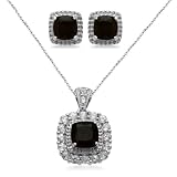 Sterling Silver Cushion Onyx with Created White Sapphire Accents Pendant Necklace and Earrings Diamond Box Set