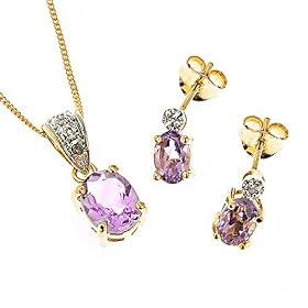 Sterling Silver Genuine Amethyst and Diamond Pendant Necklace and Earrings Set by 