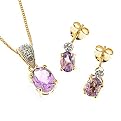 Sterling Silver Genuine Amethyst and Diamond Pendant Necklace and Earrings Set