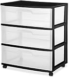 Sterilite 29309001 Wide 3 Drawer Cart, Black Frame with Clear Drawers and Black Casters, 1-Pack
