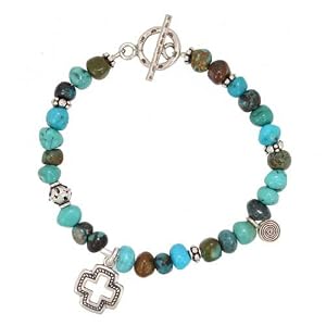 Turquoise Gemstone Beaded Bracelet with Open Design Cross in Sterling Silver, 7" Length, #7553