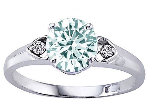 1.29 cts Genuine Round Aquamarine and Diamond Engagement Ring - 14kt White or Yellow Gold