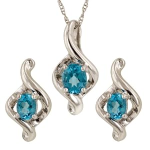 10k White Gold Blue Topaz Pendant and Earrings Set by