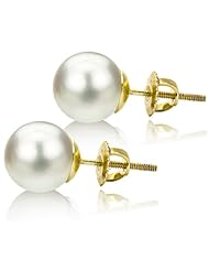 14k Yellow Gold 11-12mm White South Sea Pearl Perfect Round High Luster AAA Quality with Screw Back Stud Earring.