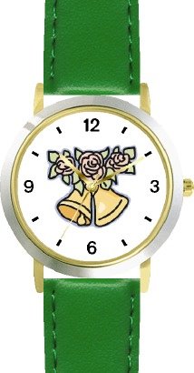 Wedding Bells and Roses - Flower - WATCHBUDDY® DELUXE TWO-TONE THEME WATCH - Arabic Numbers - Green Leather Strap-Size-Large ( Men