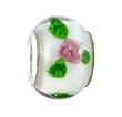 Pandora Style Charm Bead (Z434) - Glass (13mm x 10mm) (fits Troll too) ~ White with Pink Roses and Green Leaves