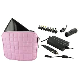 rooCase 4n1 Combo - Samsung N130-13B 10.1-Inch Memory Foam Netbook Slip Case with AC and DC Adapter Charger Home / Car / Airplane - Square Design Pink