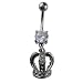 White CZ Crystal Emperor Crown Belly Ring - White Crystal Dangling Crown Navel Ring