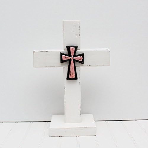Chunky Wood Standing Cross 10" (White with pink)