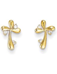 MadiK® Kids 14k Yellow Gold Polished CZ Religious Cross Post Earrings