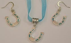 Horseshoes Earrings and Ribbon Choker Set with Turquoise Accents