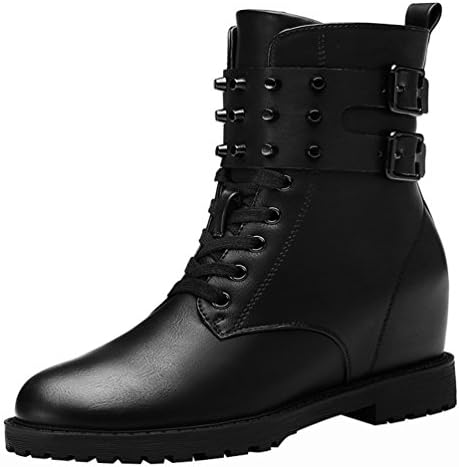 Kiwii Women Fashion Casual Lace Up Blet Rivet Buckle Mid Top Increased Within Ankle High Boot Shoes(8.5 B(M) US, Black)