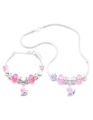 Pink Dress Charm Bracelet and Necklace Gift Set Girls Pandora Style - Gift Boxed