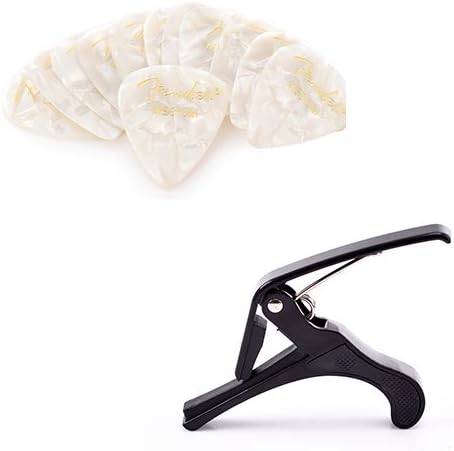 Fender 351 Premium Celluloid Guitar Picks Bakers Dozen (13 Pack) White Moto Medium w/Bonus Capo