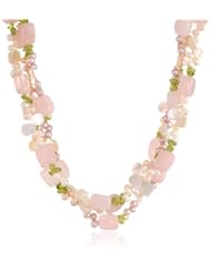 3-Row Rose Quartz, Peridot, White Mother-of-Pearl, and Multi-Color Freshwater Cultured Pearl Necklace with Sterling Silver Clasp, 17.5+3" Extender