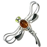 Certified Genuine Honey Amber and Sterling Silver Dragonfly Pin