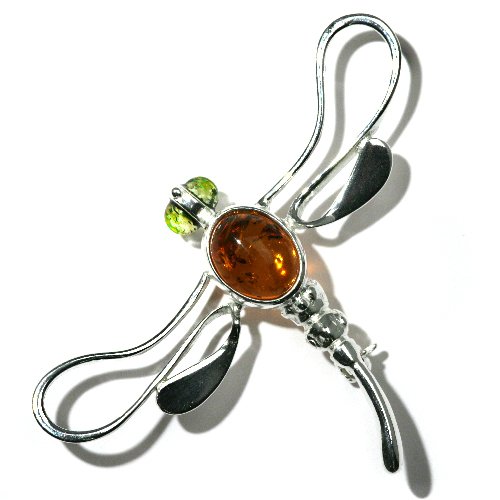 Certified Genuine Honey Amber and Sterling Silver Dragonfly Pin