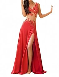 V-neck Backless Open-Back Slit Sheer Applique Chiffon Evening Dress  with a Brush/Sweep Train 