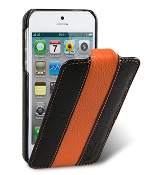 Melkco - Apple iPhone 5 Ultra Slim Handmade Premium Cowhide Leather Case Jacka Flip Type Black / Orange