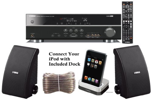 Yamaha 3D-Ready 5.1-Channel 500 Watts Digital Home Theater Audio/Video Receiver + Yamaha Universal iPod Dock + Set of 2 Yamaha All Weather Indoor / Outdoor 120 watt Wall Mountable Natural Sound 2-way Acoustic Suspension Speakers - Black + 100ft 16 AWG Spe Yamaha 3D-Ready 5.1-Channel 500 Watts Digital Home Theater Audio/Video Receiver + Yamaha Universal iPod Dock + Set of 2 Yamaha All Weather Indoor / Outdoor 120 watt Wall Mountable Natural Sound 2-way Acoustic Suspension Speakers - Black + 100ft 16 AWG Spe