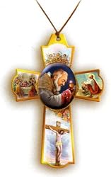 Padre Pio Cross-Shaped Necklace with Cord, 2 x 1.5" - MADE IN ITALY