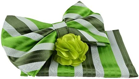 Uomo Vennetto Men's Green and White Striped Bow Tie with Hanky and Lapel Flower