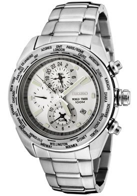 Seiko Men's SPL029 Premier Chronograph World Timer White Dial Stainless Steel Watch