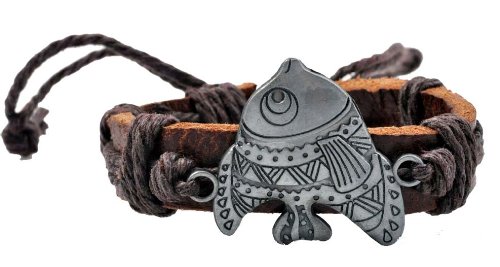 Brown Leather Hemp Metal Fish Leather Bracelet, #44