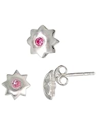 Sterling Silver Matte-finish Star Stud Earrings (7mm) & Pendant Slide (8mm) Set, w/ Brilliant Cut Pink Tourmaline-colored CZ Stones