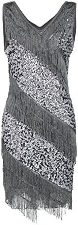 Straip Women's V-Neck Flashy Sequins Fringe Flapper Inspired Party Dress, XS, Grey
