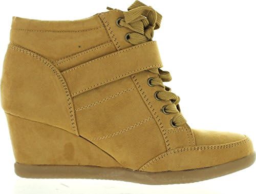 Forever Womens Peggy-51 Hot Fashion Lace Up Wedge Sneakers Casual Shoes,Tan,9