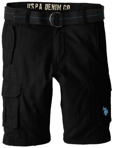 U.S. Polo Assn. Big Boys' Ripstop 6 Pocket Cargo Short with Belt, Black, 12