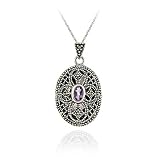 Sterling Silver Filigree Marcasite & Amethyst Cross Necklace, 18