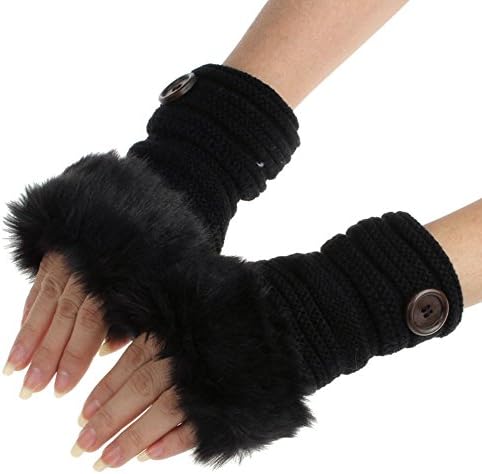 EKIMI Women Girl Warm Winter Faux Rabbit Fur Wrist Fingerless Gloves Mittens (Black)