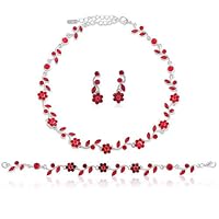 Silver Tone Red Crystal Accent 3-Piece Necklace Earrings Bracelet Set