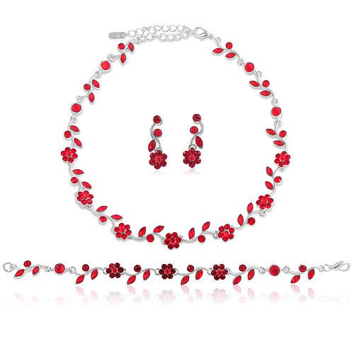Silver Tone Red Crystal Accent Bridal Wedding 3-Piece Necklace Earrings Bracelet Set - Ideal Gift For Mother Day, Anniversary, Engagement, Wedding, Birthday, For Her