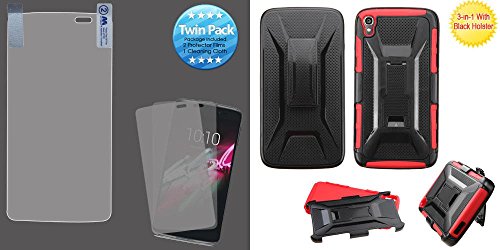 Combo pack MYBAT Screen Protector Twin Pack for ALCATEL OneTouch IDOL 3 (5.5") And ASMYNA Black/Red Advanced Armor Stand Protector Cover (With Black Holster) for ALCATEL OneTouch IDOL 3 (5.5