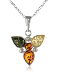 Sterling Silver Multi-Color Amber Flower Pendant Necklace on Italian Rolo Chain, 18"